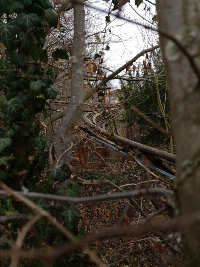 Old roller coaster from Spreepark intertwined with trees